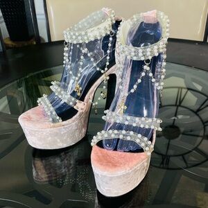 Sugar Thrillz Holy Revelation Platform Heels Velvet Pink Pearl Beaded Women’s 10